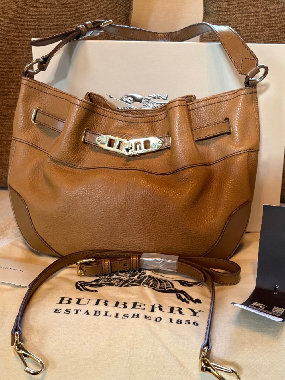 Burberry Willenmore Medium Camel Grainy Leather Hobo Bag + Box/Dust Bag